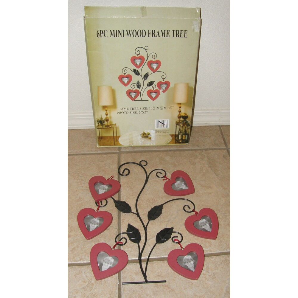 NEW Wall Mounted 6 Pc Mini Wood Picture Wire Tree Frame - Heart Photo size 2"X2"